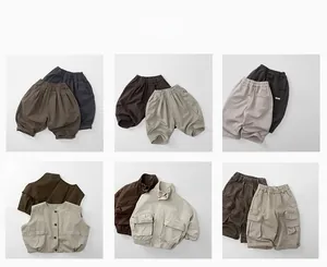 Recommended styling of children's neutral cotton vest and cargo pants in earthy tones