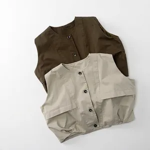 Gilet sans Manches en Coton pour Enfants Unisexe Couleur Unie Décontracté Automne Vêtements Vintage Japonais Haut à Boutons