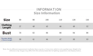 Detailed size chart for kids parka coat showing length and bust measurements in cm