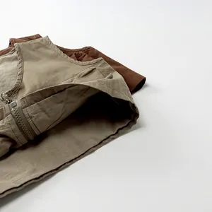 Autumn kids' vintage cotton linen zip-up vests in khaki and dark brown colors