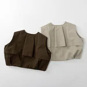Gilets enfants en coton et lin sans manches style rétro olive et beige
