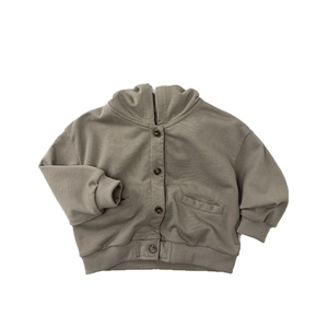 Kids knitted hooded cardigan jacket in olive grey cotton fabric with button closure