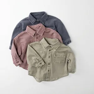 Boys Casual Cotton Long Sleeve Shirt Korean Style Loose Solid Color Double Pocket Top For Kids Autumn Everyday Clothing