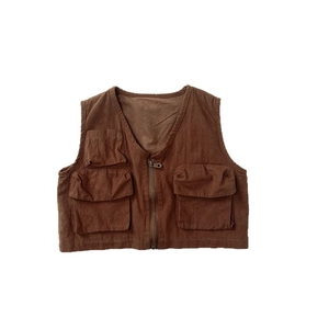 Retro forest style kids cotton cargo vest with multi-pockets in dark brown color