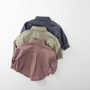 Kids vintage washed cotton long sleeve shirts in charcoal, olive, and rose pink