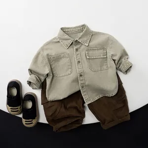 Kids stylish khaki long sleeve shirt with brown cargo pants and sneakers outfit set