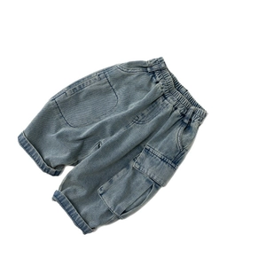 Kids light blue cotton cargo denim shorts with elastic waist and side pocket