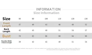 Detailed size guide table for children fleece jacket showing measurements from 80 to 130