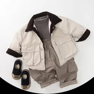 Kids winter outfit set featuring beige cargo jacket and khaki warm padded trousers