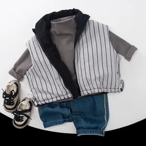 Winter fleece-lined kids denim set with striped vest and long sleeve shirt