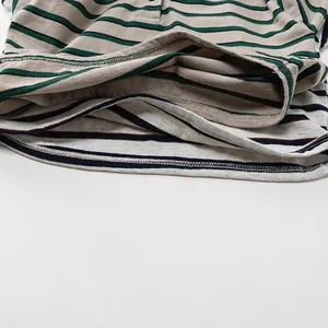 Kids long sleeve striped t-shirt in grey with green and navy stripes cotton fabric