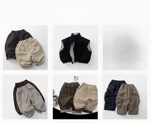Collage of kids cotton trousers and black puffer vest in various earthy neutral colors