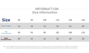 Detailed size chart for children stripe fleece pants showing length, hip and waist measurements