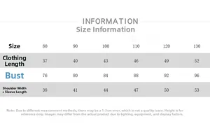 Detailed size chart for children's cotton jacket with measurements from 80 to 130