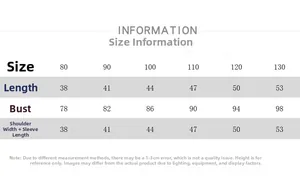 Size chart for children's lightweight padded jacket with measurements from 80 to 130