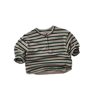Kids long sleeve striped t-shirt with crew neck and buttons in soft cotton fabric