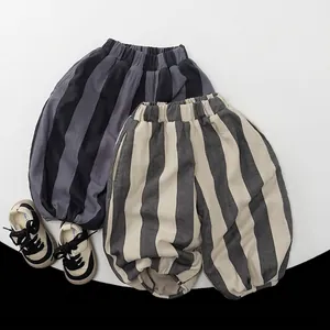 Korean Style Kids Striped Pants Autumn Winter Thick Fleece Lined Warm Cotton Loose Balloon Trousers For Boys Girls