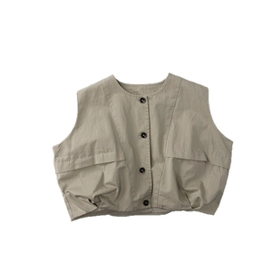 Gilet enfant vintage en coton et lin kaki avec boutons et coupe décontractée