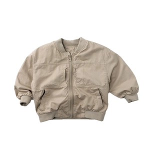 Kids khaki utility bomber jacket with ribbed cuffs and zipper closure for autumn