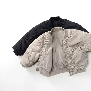 Korean Style Kids Lightweight Quilted Bomber Jacket Nylon Padding Warm Outerwear For Boys Girls Solid Color Zipper Coat