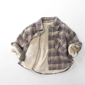 Chemise à Carreaux Doublée Polaire Enfants Veste Manches Longues Doublée Sherpa Vert Kaki Chaud Top Hiver Garçon Fille