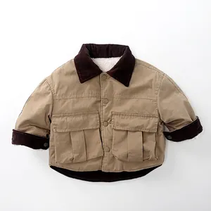 Detail view of kids khaki jacket with corduroy collar and warm fleece lining
