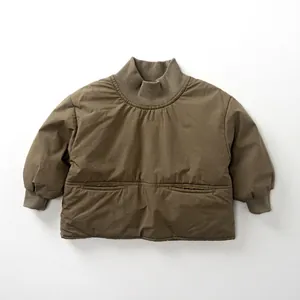 Detail of children quilted padded pullover with ribbed neck and olive green fabric