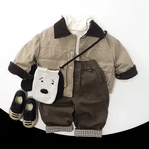 Kids reversible fleece jacket set with khaki workwear coat and brown plaid lined pants