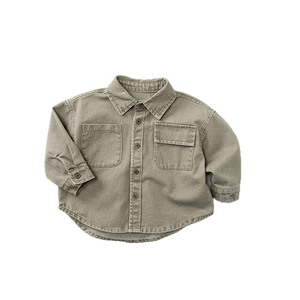 Classic olive green cotton long sleeve shirt for kids featuring double chest pockets