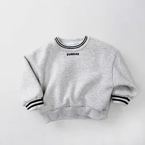 Detailed view of gray kids fleece sweatshirt featuring striped cuffs and Sunday print
