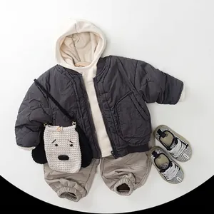 Toddler winter outfit set featuring quilted jacket, warm trousers and knit puppy bag