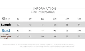Size chart for kids hooded winter windbreaker with measurements for lengths and chest