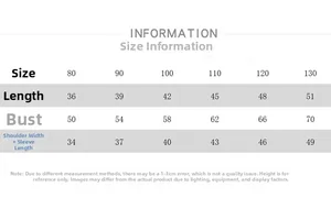 Detailed size chart for kids' versatile long-sleeve t-shirt showing measurements