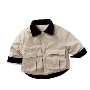 Kids reversible fleece jacket with khaki cotton and dark brown corduroy collar