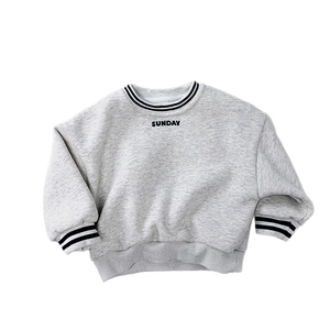 Kids grey fleece sweatshirt with Sunday embroidery and striped ribbed cuffs for winter