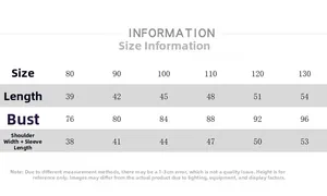 Detailed size chart for kids reversible padded jacket with measurements for sizes 80 to 130