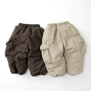 Kids Winter Fleece Lined Cargo Pants Thick Warm Windproof Elastic Waist Outdoor Casual Trousers For Boys Girls