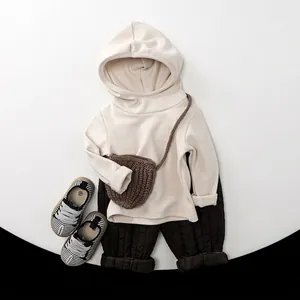 Kids thermal fleece hooded sweatshirt and quilted pants outfit set in neutral tones