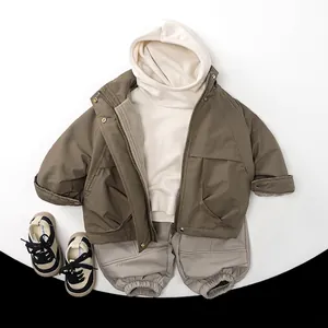 Kids warm fleece-lined windbreaker outfit set with jacket hoodie pants and shoes