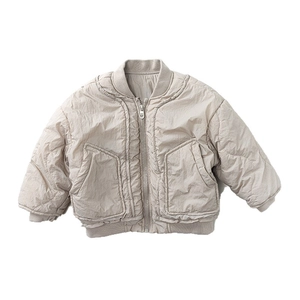 Kids lightweight beige bomber jacket with wrinkled texture and ribbed cuffs for winter