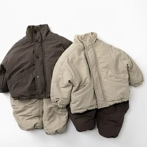 Childrens winter padded jacket and pants set in dark coffee and beige colors