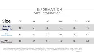 Size guide table for children fleece joggers with waist, hip, and length measurements