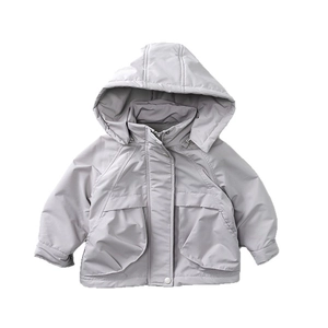 Kids warm hooded windbreaker jacket in light grey with fleece lining and flap pockets