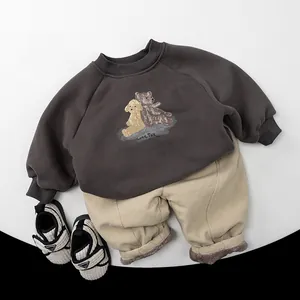 Fleece lined kids sweatshirt and khaki pants set with puppy illustration and plaid shoes