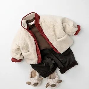 Kids reversible warm fleece jacket with brown knit sweater and corduroy pants set