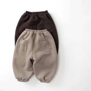 Winter fleece warm jogger pants for kids in brown and khaki with elastic high waist