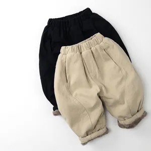 Korean Style Kids Winter Warm Thickened Fleece Lined Cotton Pants Unisex Toddler Casual Solid Color Elastic Waist Trousers