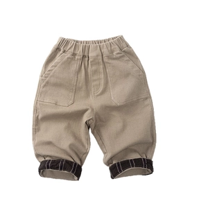 Kids warm khaki fleece pants with elastic waist, large pockets and plaid lining detail
