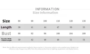 Size chart for children padded shirts with measurements for length, chest, and sleeves
