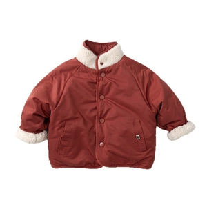 Children's reversible winter jacket in brick red with warm white fleece collar and cuffs